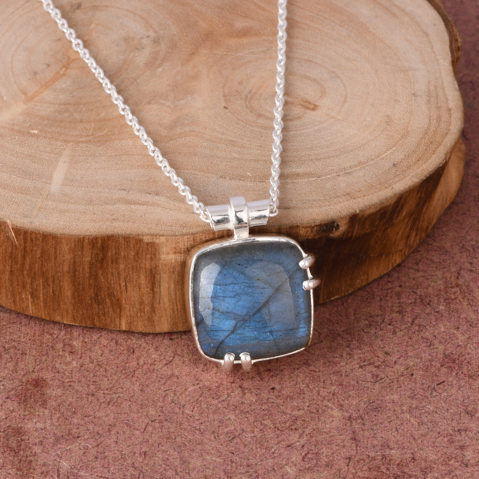Sterling Silver Square Labradorite Necklace Birthday Gift For Her Boho Jewelry