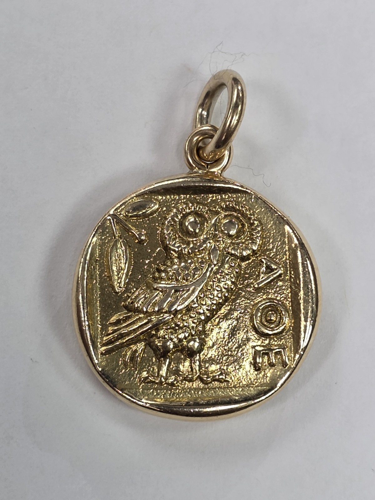 18k Yellow Gold Owl of Athena Coin Replica Pendant Charm