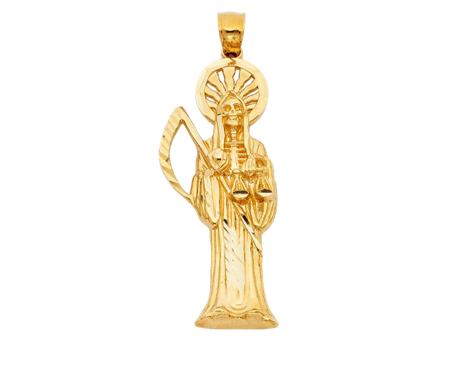 14K Solid Gold 54mm / 2.12″ Santa Muerte Pendant, 14k Gold Grim Reaper – PT1157