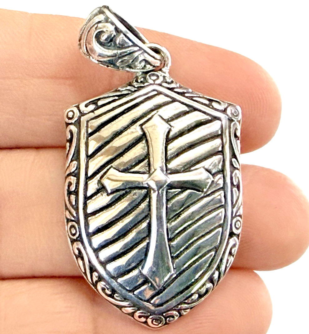 925 Sterling Silver Cross Shield Rib Cage Pendant Religious Faith Charm