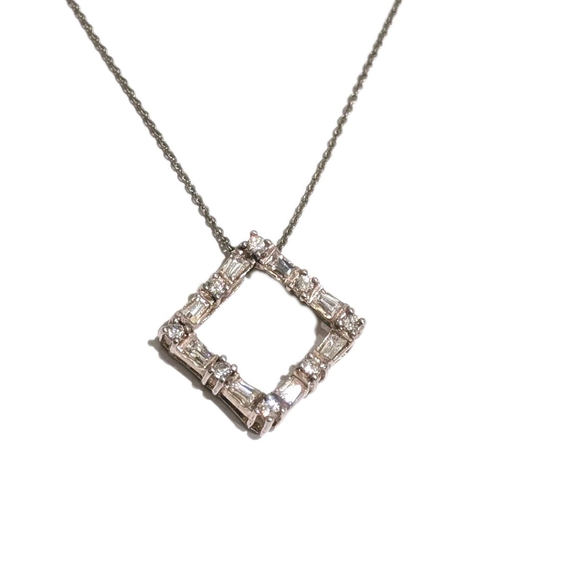 Designer Sterling Silver White Colorless Garnet Square 1″ Pendant 16.5″ Necklace