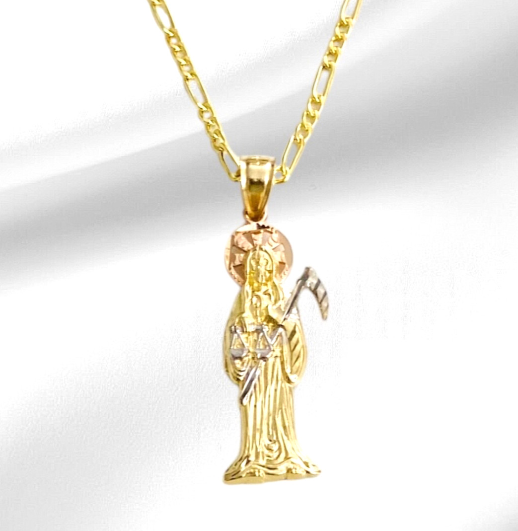 10K Solid Gold Santa Muerte Pendant – 2.2″ 10K Real Gold Grim Reaper – PA15