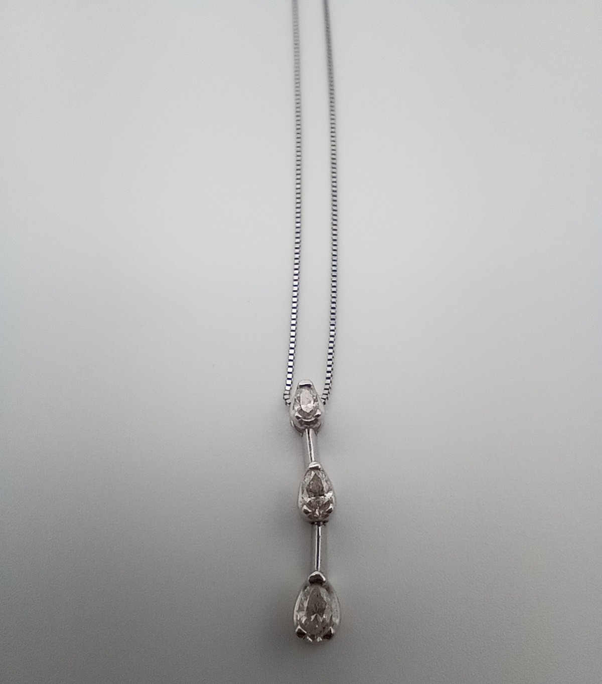 14K White Gold 3 Diamond Drop Necklace Pendant 585 Italian Gold Box Chain 24mm