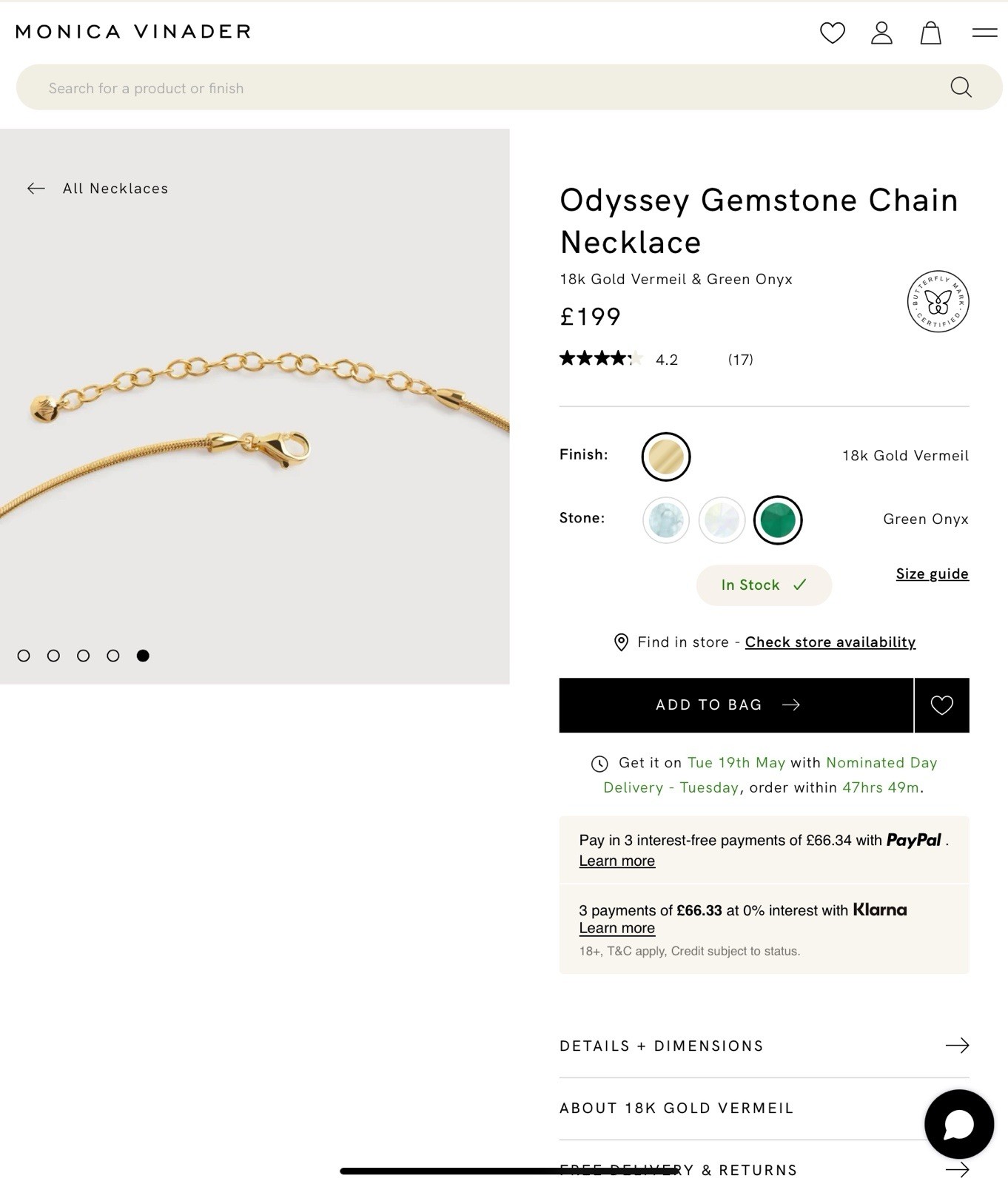 Monica Vinader Odyssey Gemstone Chain Necklace 18k Gold Vermeil & Green Onyx