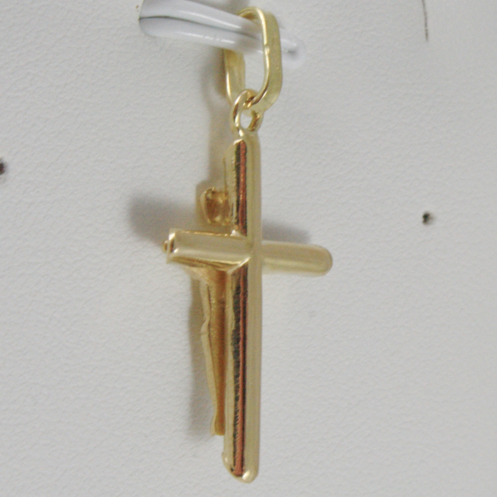 18K YELLOW GOLD CROSS WITH JESUS, ROUNDED TUBE, SHINY 1.22 INCHES, MADE IN ITALY