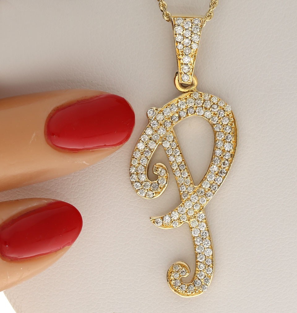 Natural Diamond Large Initial P Pendant Necklace 1.20CT 14K YG 20.5” Chain