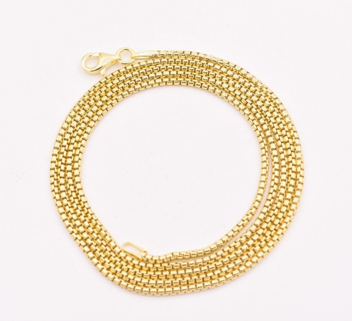 1.7mm Round Box Chain Necklace Real 14K Yellow Gold Plated Sterling Silver 925