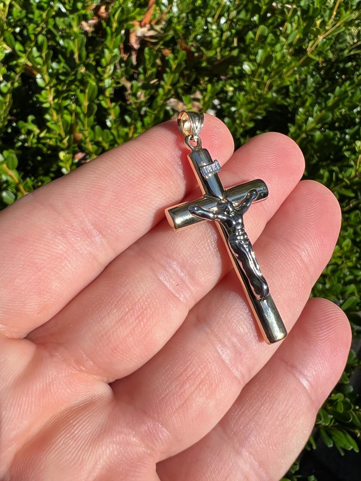Large 1.85″ Real 14k Yellow & White Gold Cross Jesus Crucifix Pendant Necklace