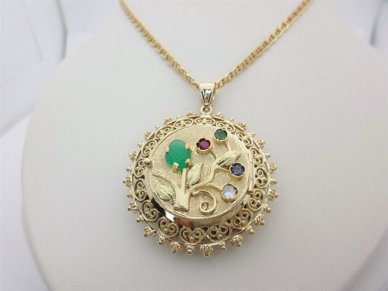 18K Antique Filigree Necklace Pill Box Stash Reversible Locket Gemstone 23″ N437