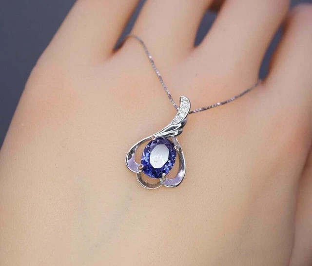 2Ct Oval Cut Blue Sapphire Diamond Solitaire Pendant 14K White Gold Plated Chain