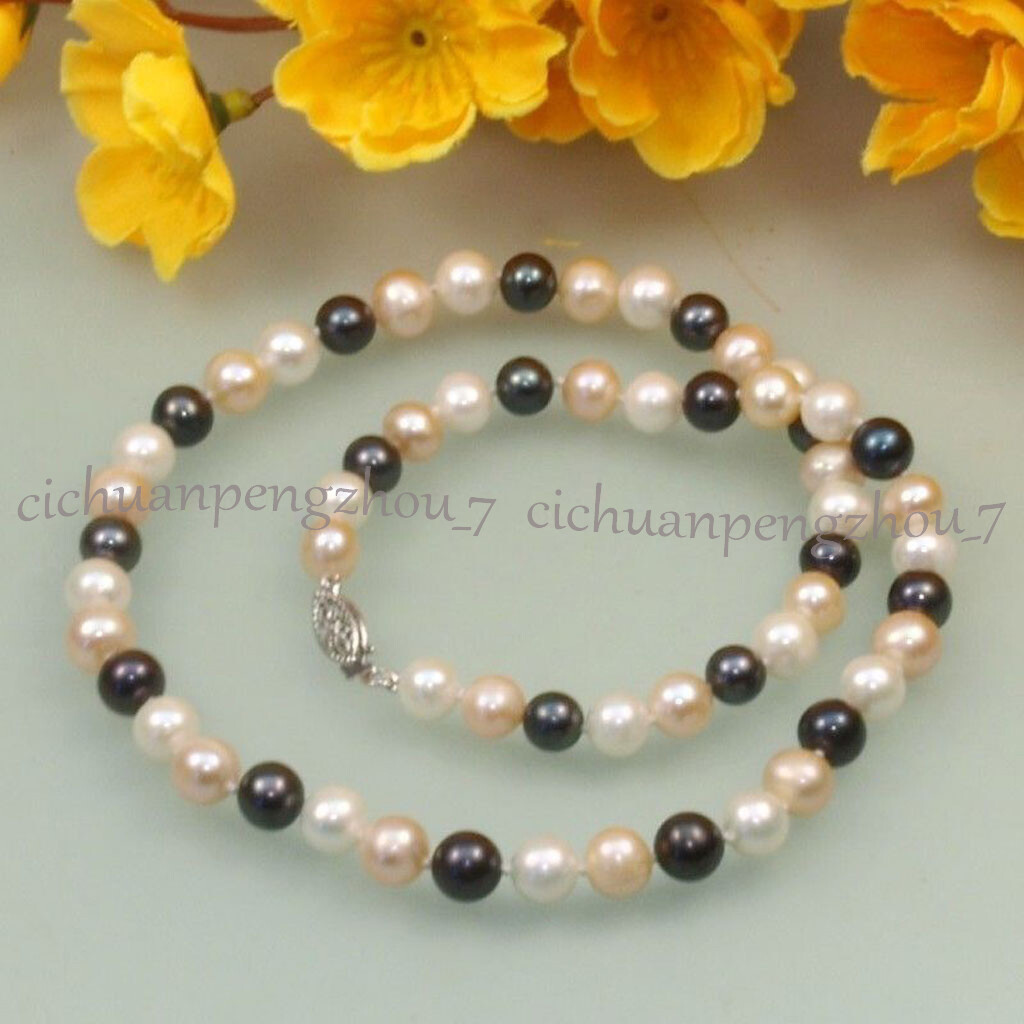 Fashion Natural 7-8mm White Black Pink Freshwater Cultured Pearl Necklace 15-19″