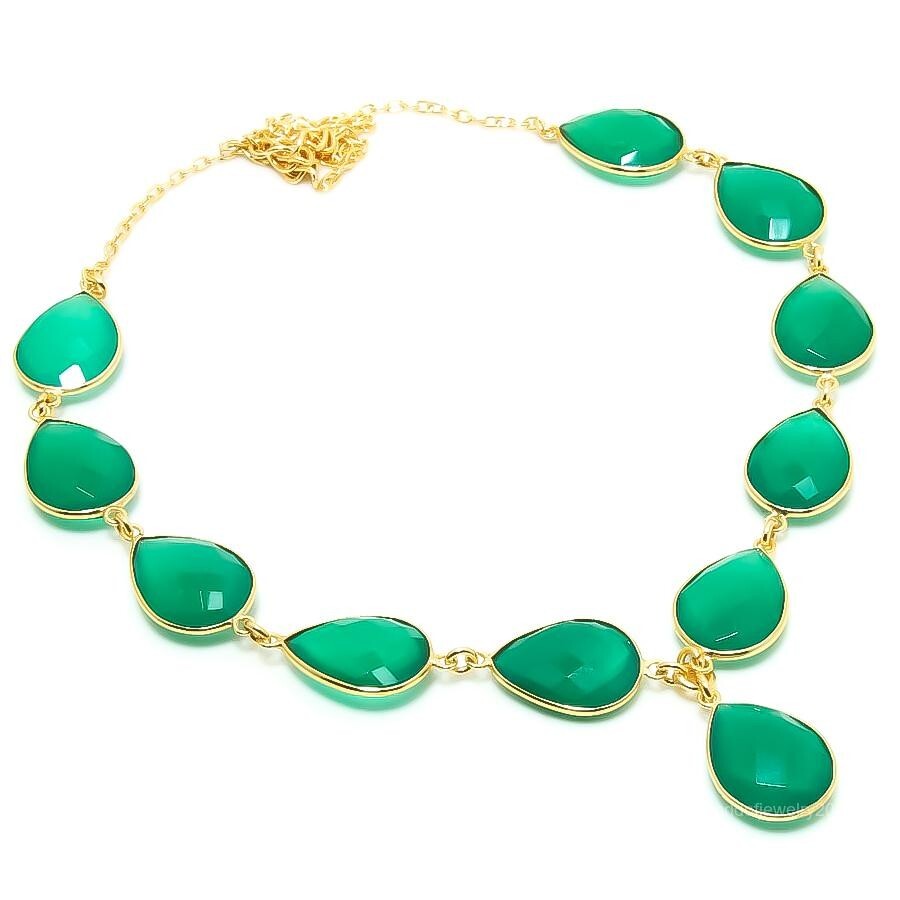 Natural Green Onyx Beaded Anniversary Wife Necklace Jewelry Yellow Gold Vermeil