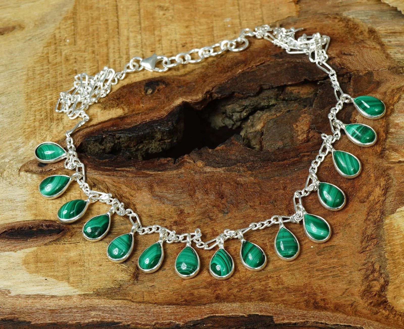 Handmade Sterling Silver Malachite Teardrop Dangle Necklace