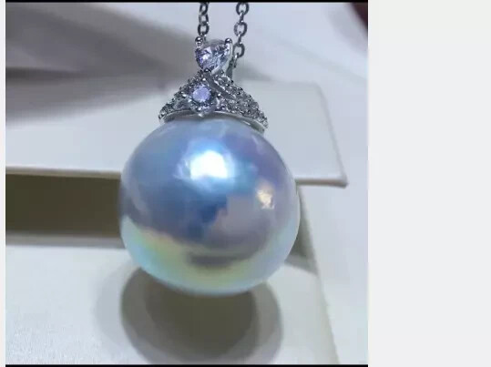 HUGE 18” 14-13mm White blue natural south sea pearl pendant S925 silver