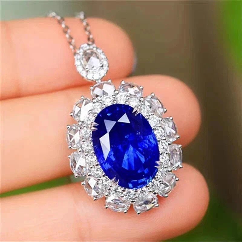 6.50Ct Oval Cut Natural Blue Sapphire & Diamond 14K White Gold Luxurious Pendant