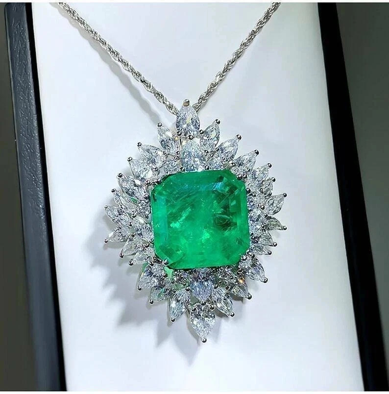 3Ct Asscher Lab Created Emerald Diamond Cluster Pendant 14K White Gold Plated