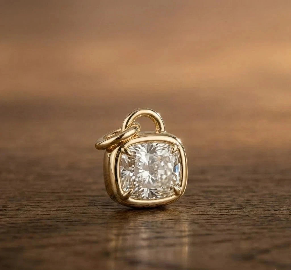14K Yellow Gold Plated 2Ct Cushion Cut White Moissanite Women’s Beauty Pendant