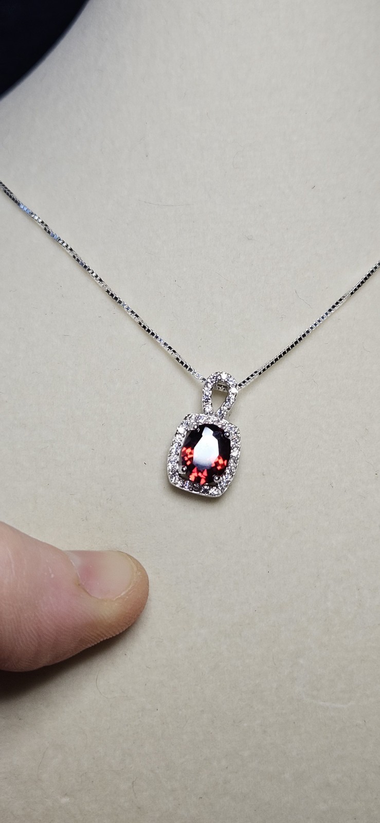 925 Sterling Silver Garnet with Moissanite Halo and 925 Italian Silver Box Chain