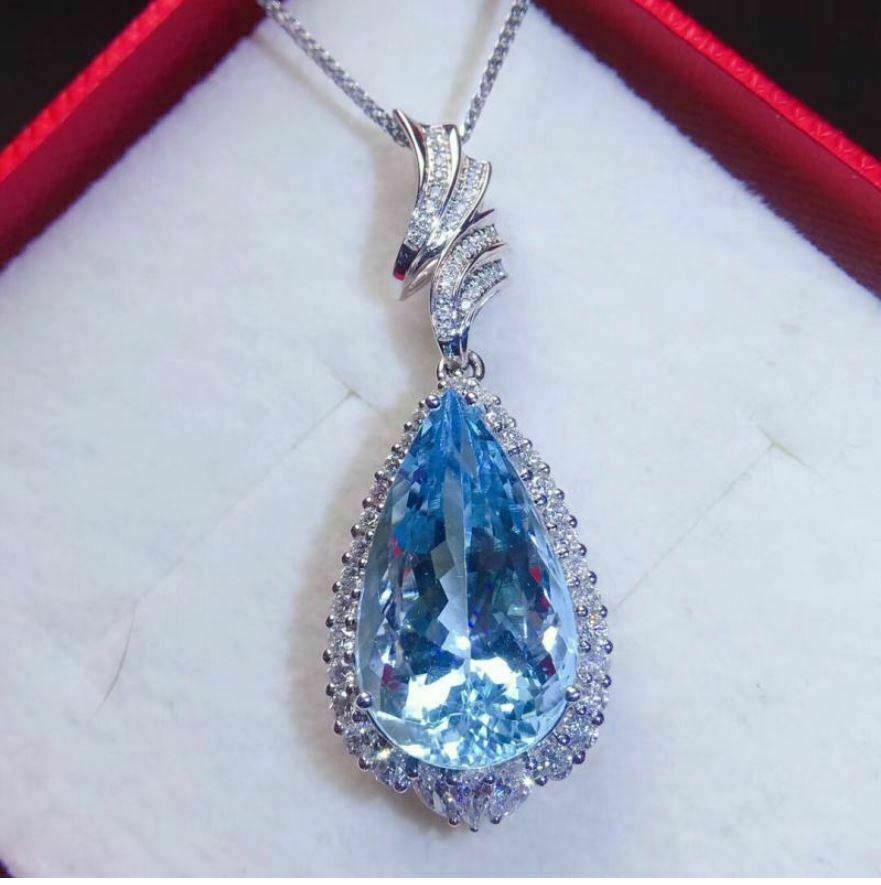 3Ct Pear Cut Aquamarine & Diamond Halo Pendant 14K White Gold Finish Free Chain