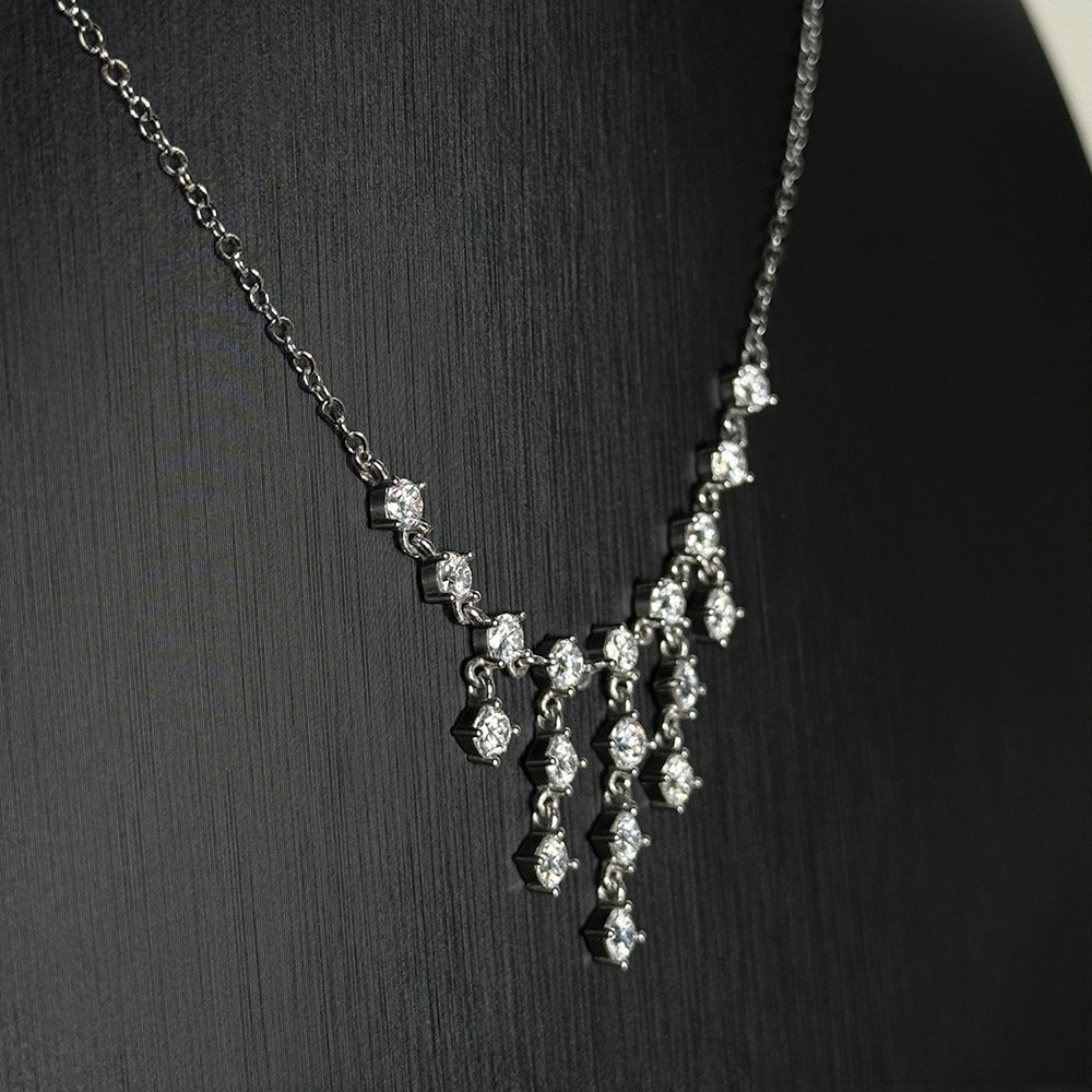 3mm Round Cut Real Moissanite Tassel Pendant Necklace 925 Sterling Silver Chain