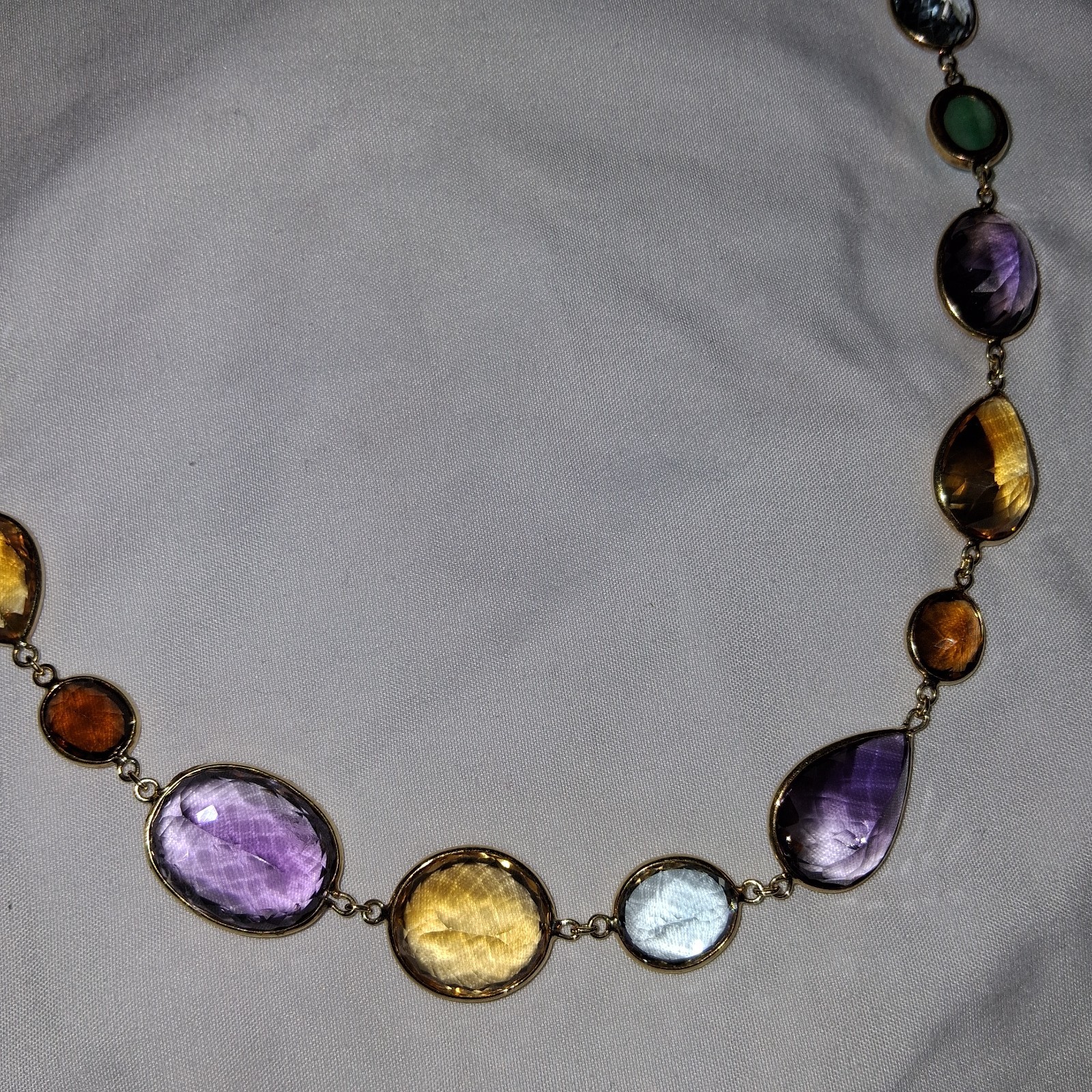 18k Yellow Gold multi color shape stone long necklace