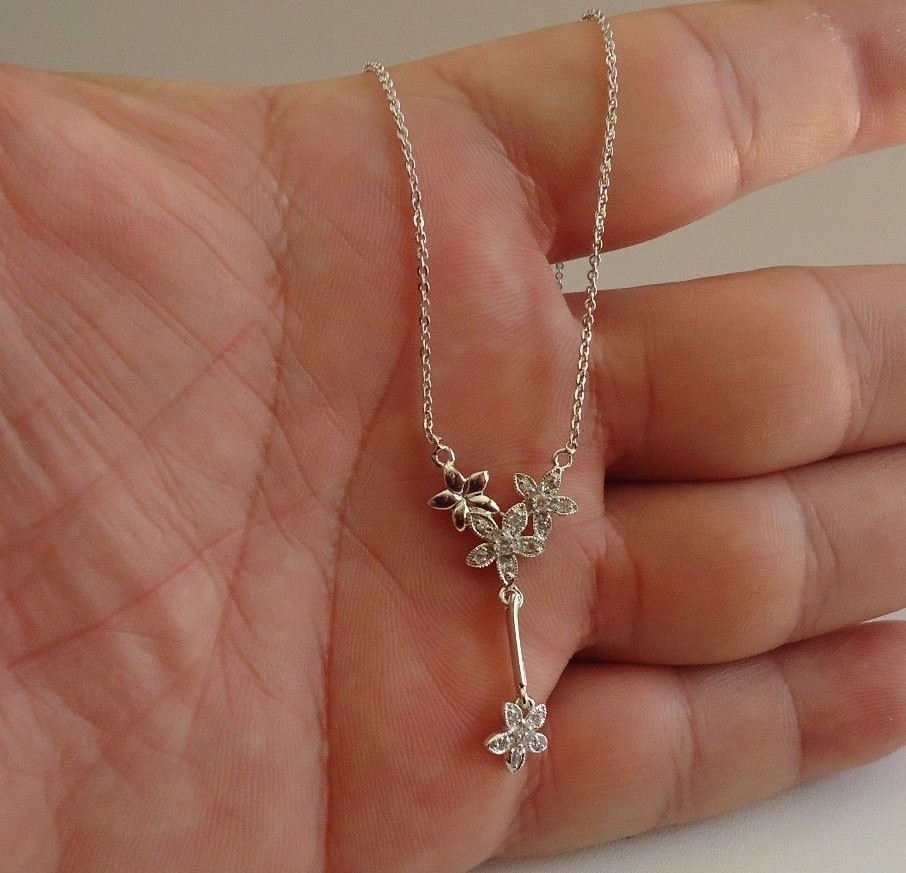 925 STERLING SILVER FLOWER DANGLING PENDANT NECKLACE W/ .75 CT ACCENTS/18”CHAIN
