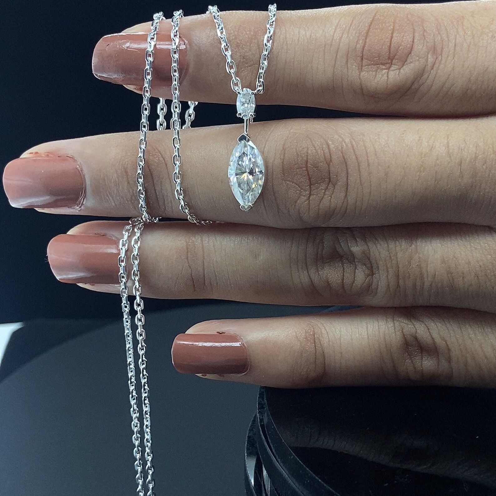 2ct Marquise Cut Moissanite Necklace two stone pendant with cable chain Necklace