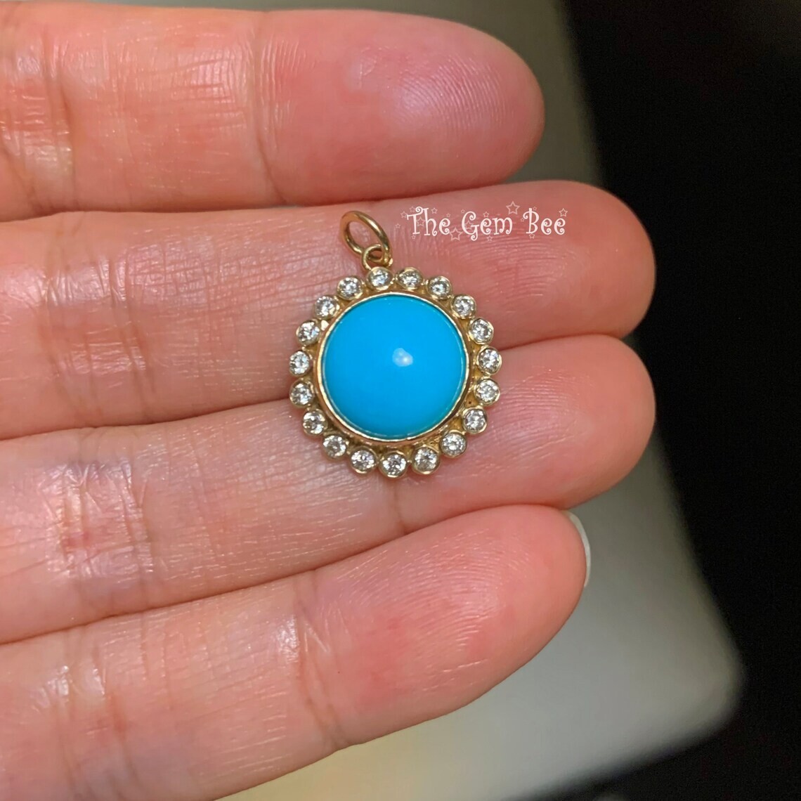 16mm 14K Yellow Gold Diamond Sleeping Beauty Turquoise Round Pendant Charm