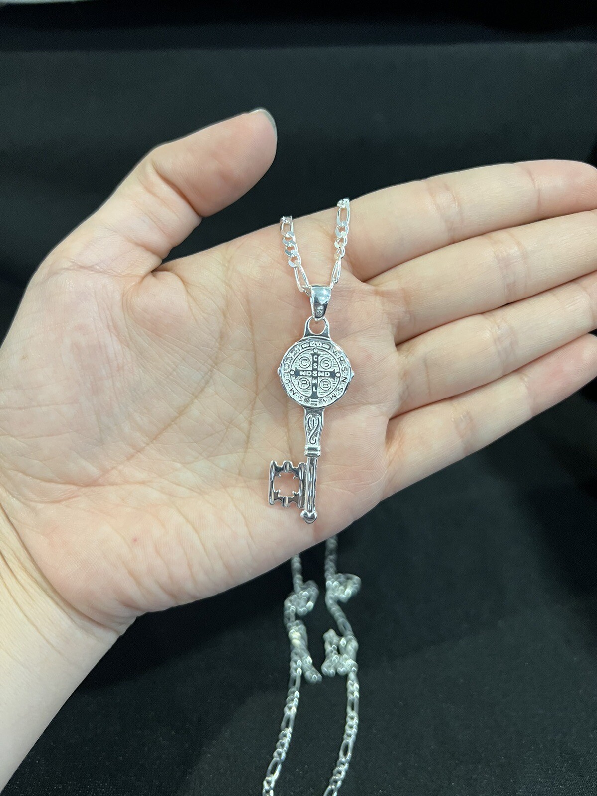 925 Sterling Silver Men St Benedict Key San Benito Llave & Figaro Chain 20 24 30