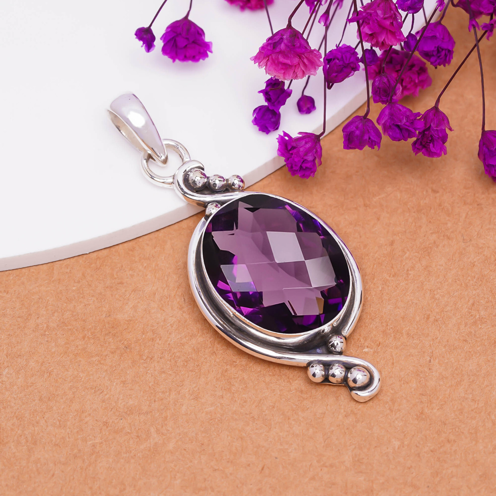 Purple Amethyst Gemstone 925 Sterling Silver Pendant Handmade Jewelry Gift.