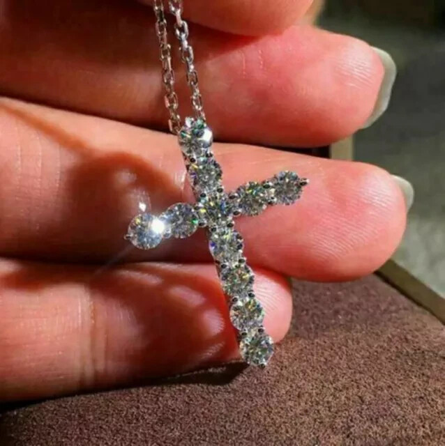 3.00 Ct Round Cut Moissanite Cross Pendant With Chain 14k White Gold Plated