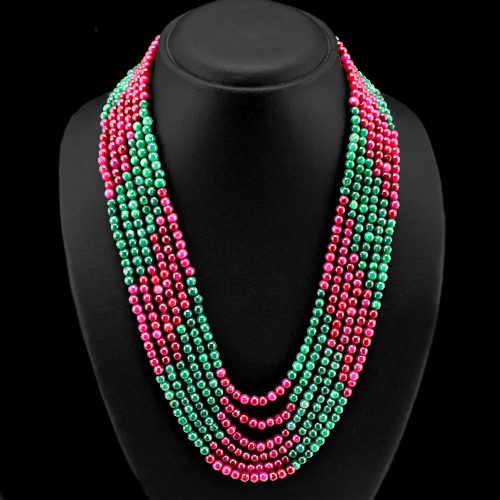 ELEGANT BRILILANT 477.00 CTS EARTH MINED 6 LINE RUBY & EMERALD BEADS NECKLACE
