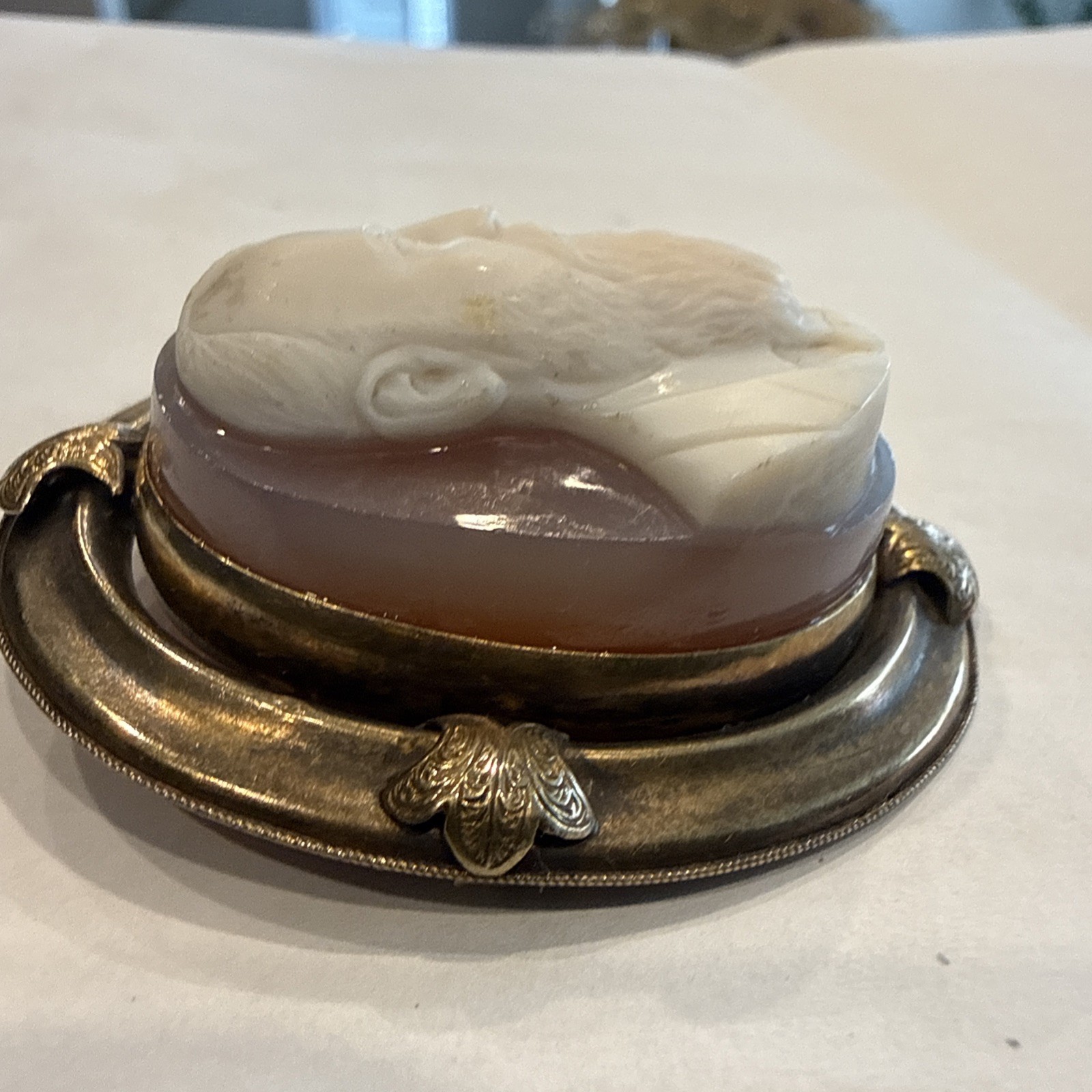 Antique 19thC Hardstone 3-Layer Sardonyx Agate Male Cameo Brooch Pendant Vermeil