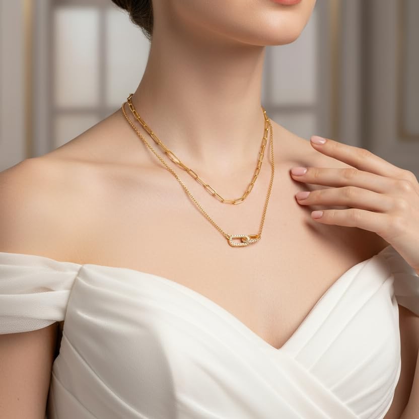 2 Pcs Gold Paperclip Necklace for Women, Layered Paper Clip Necklace Dainty Gold