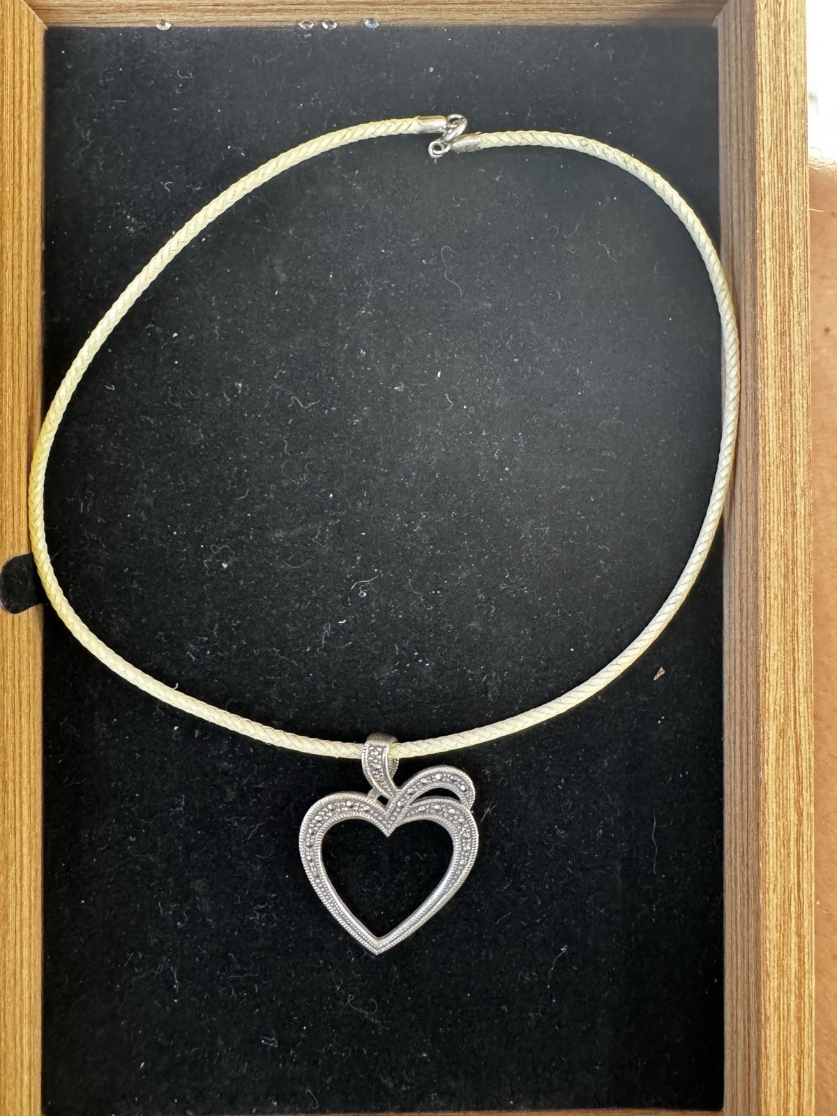 Sterling Silver 925 Marcasite Open Heart Pendant Necklace Waxed Silk Cord Y2K