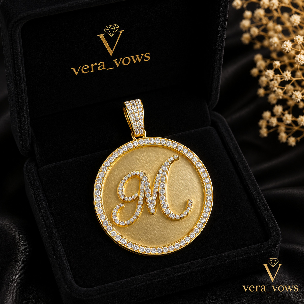 Initial “M” Letter Round Moissanite Lab-Created 14K Yellow Gold Plated Pendant