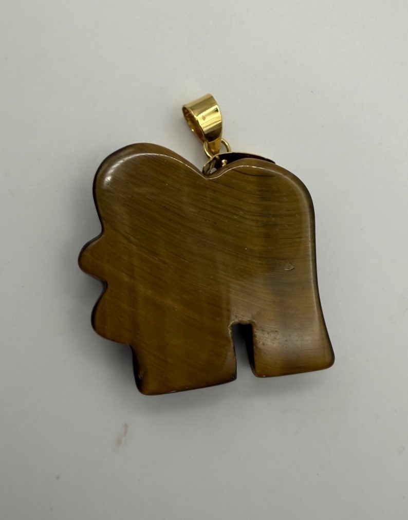 Large Solid 14K Gold Natural Tiger’s Eye Elephant Pendant For Necklace