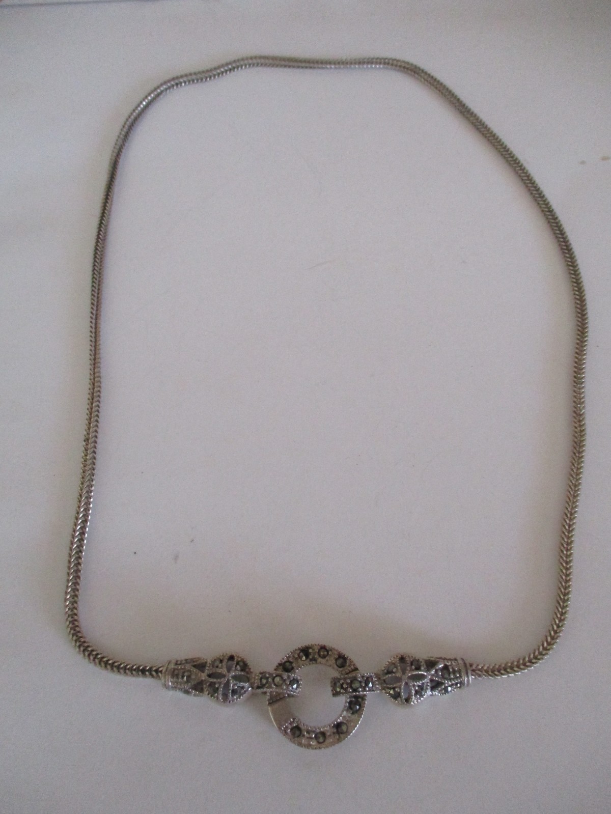 Sterling Silver 16″ Chain & Marcasite~29 Stones~ with Double Clasps + Bell Charm