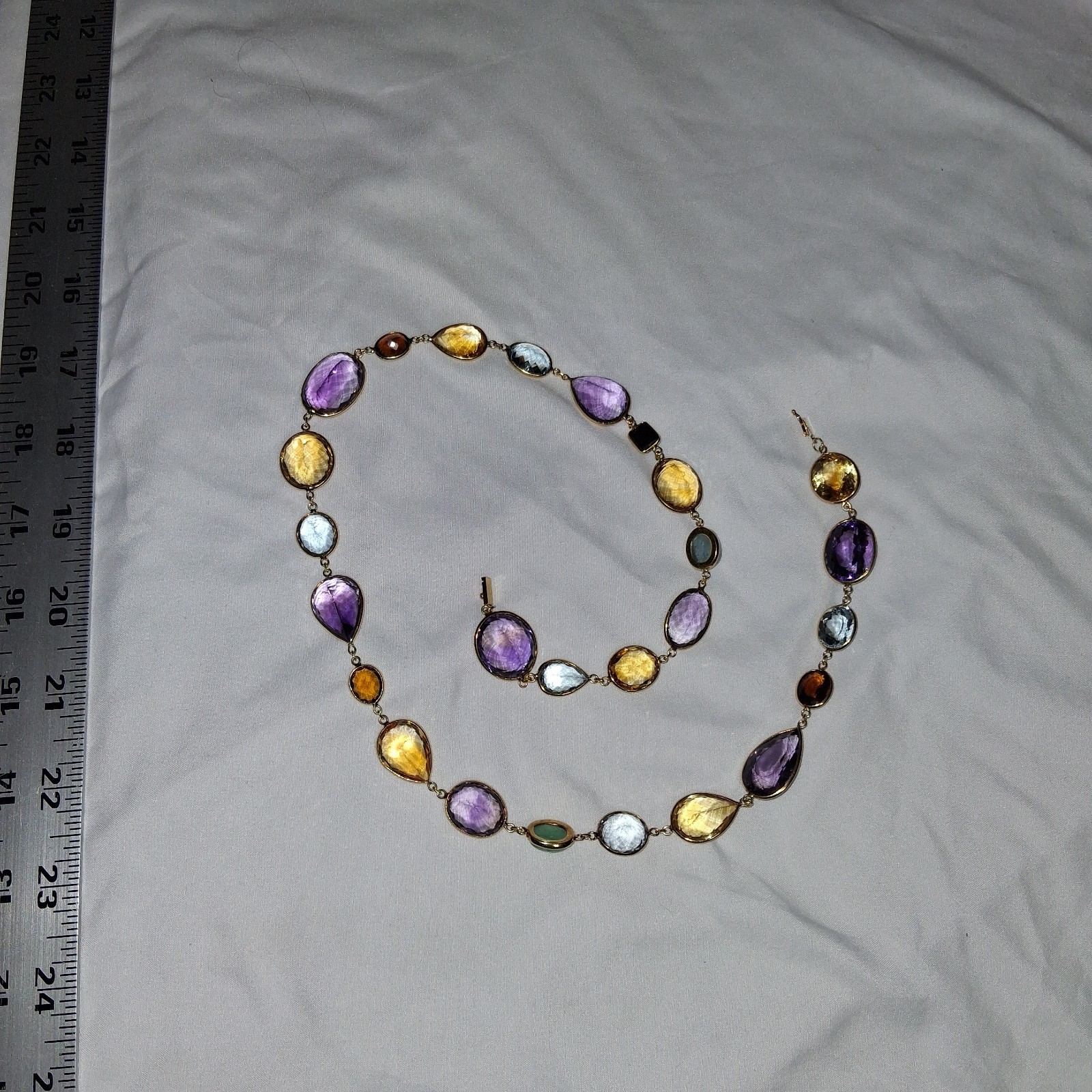 18k Yellow Gold multi color shape stone long necklace