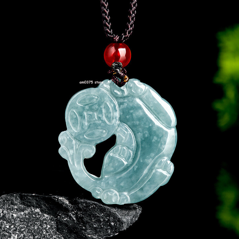 Natural Grade A Jade Jadeite Jade Women Men Blue Pixiu Coin Pendant
