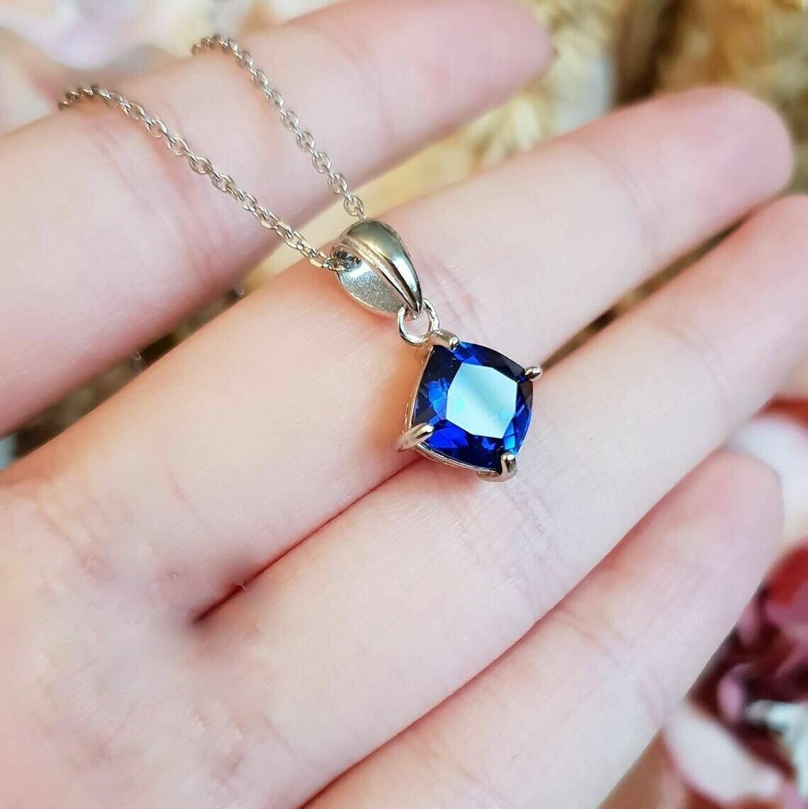 2Ct Natural Blue Sapphire Pendant Necklace With Chain 14k White Gold Plated