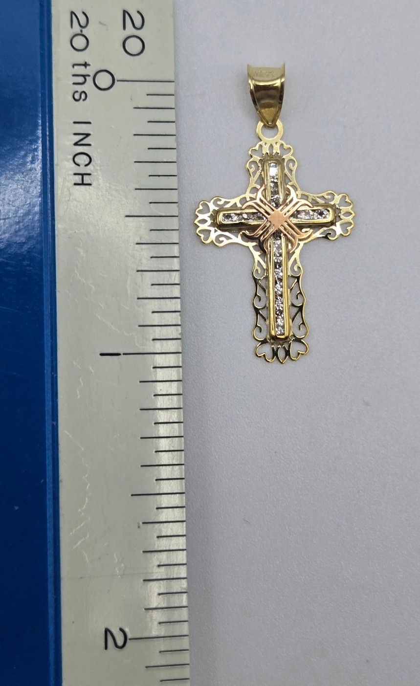 NEW Real 10K Yellow Gold 1in Cross Pendant, Pave CZ Stones, 3.5mm Bail