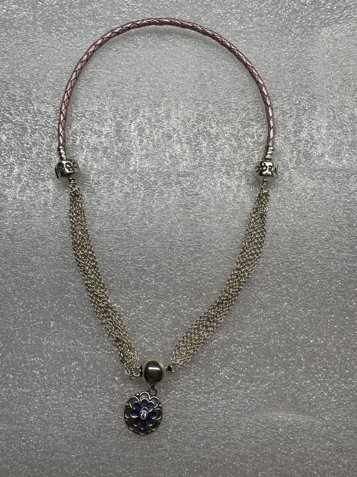 Pandora 15″ Pink Braided Leather Choker Chain Necklace Dangle Charm