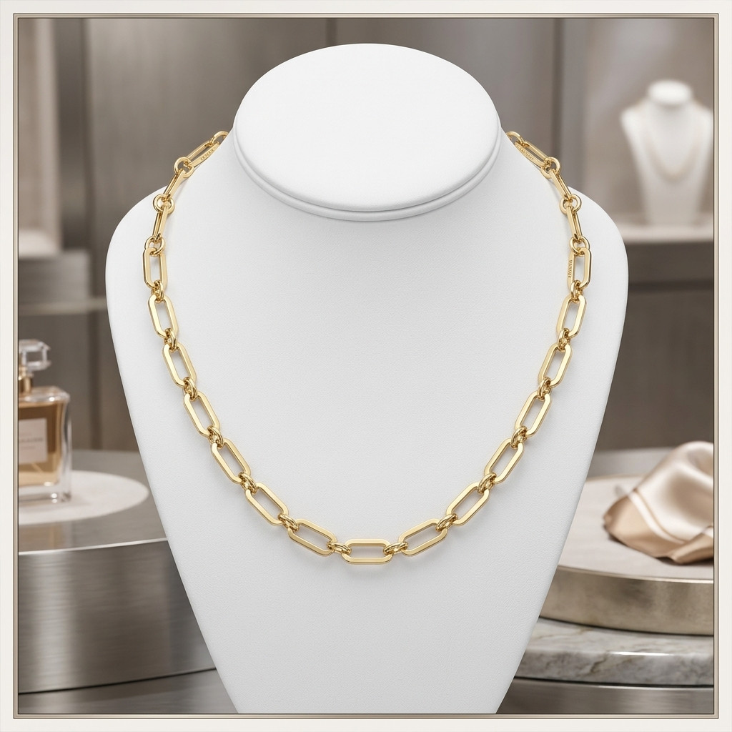 Technibond Paper Clip Chain Necklace Toggle Lock 14K Yellow Gold Plated Silver