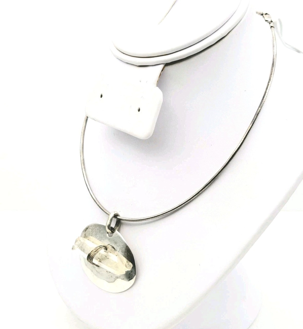 Sterling Silver Clear Crystal Quartz On Oval Silver Base Snake Chain 23gr Italy