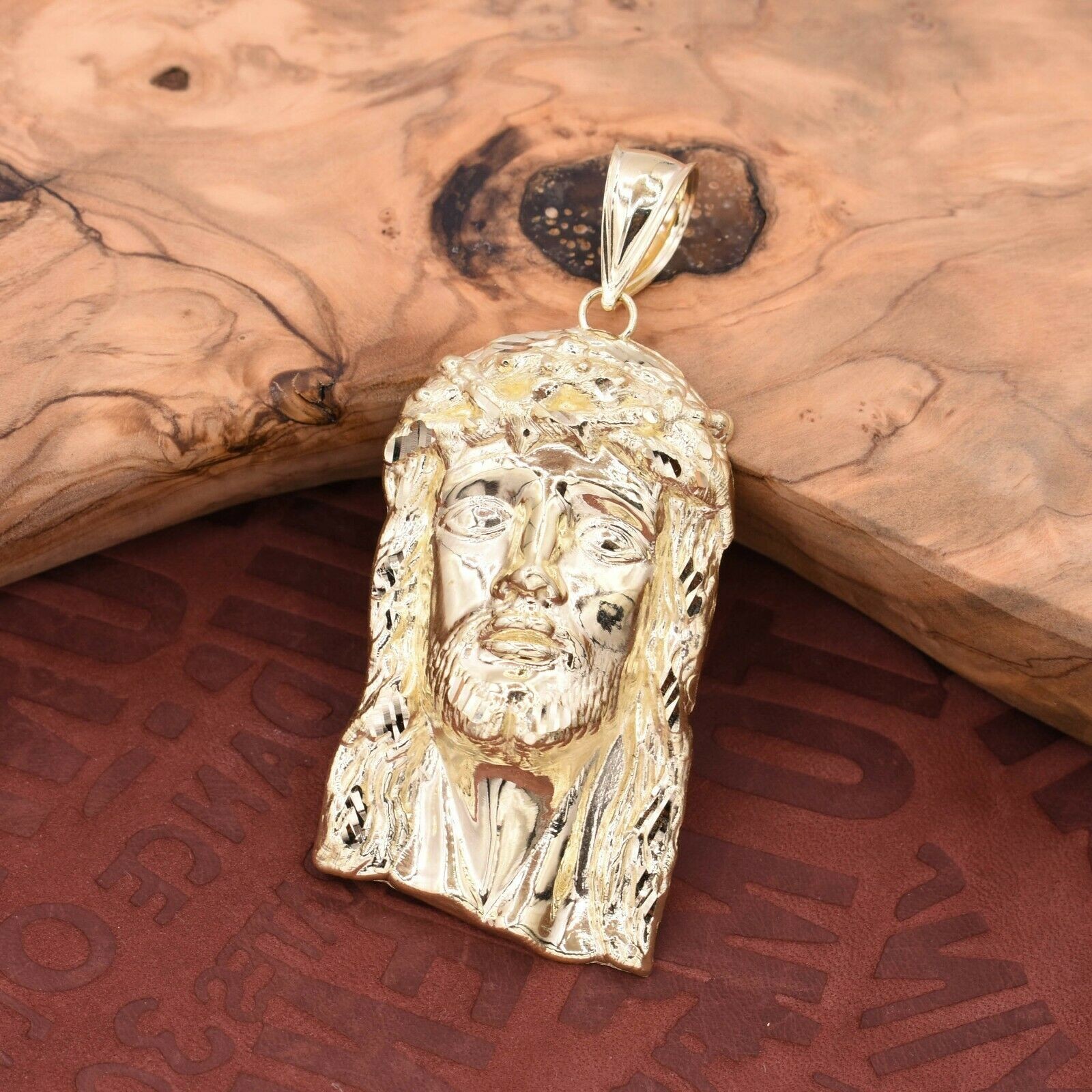 2 3/4″ Textured Face of Jesus Pendant Charm Real Solid 10K Yellow Gold