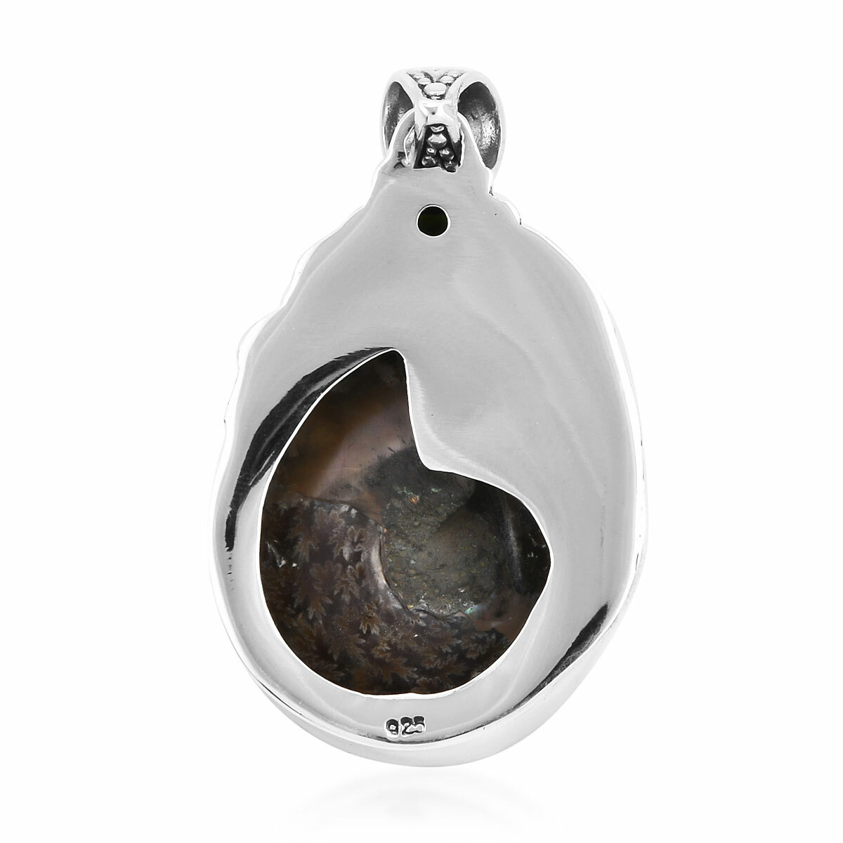 ARTISAN CRAFTED AMMONITE, RUSSIAN DIOPSIDE PENDANT IN STERLING SILVER 1.22 CTW