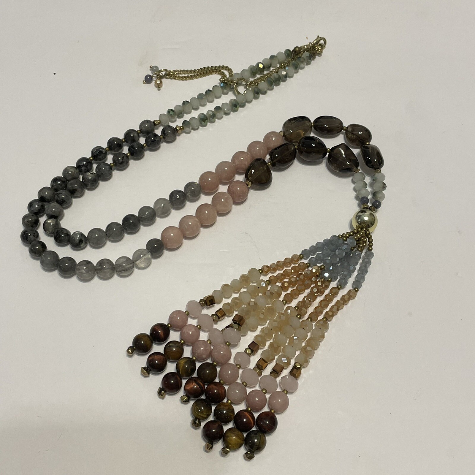 31-36” long tassel Beaded Necklace natural stones smoky rose quartz Tigers eye