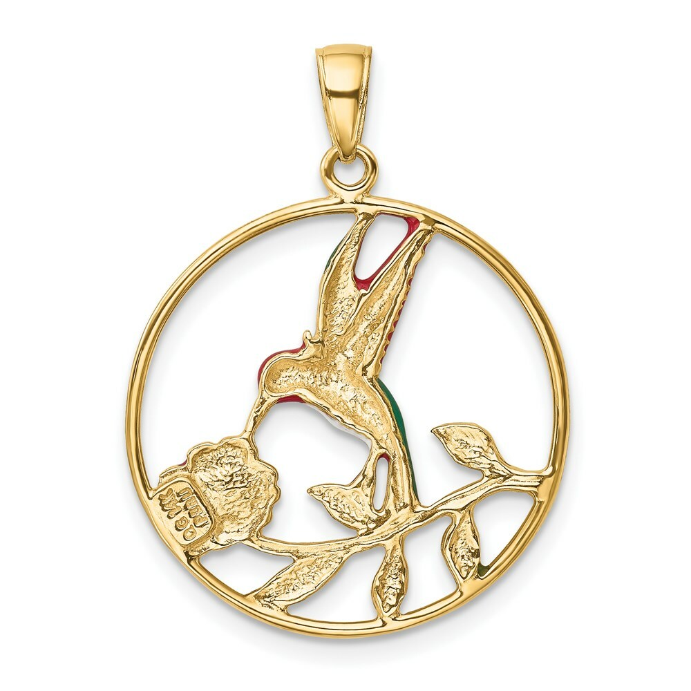 14k Yellow Gold Hummingbird & Flower in Circle Charm Pendant 1.22 Inch