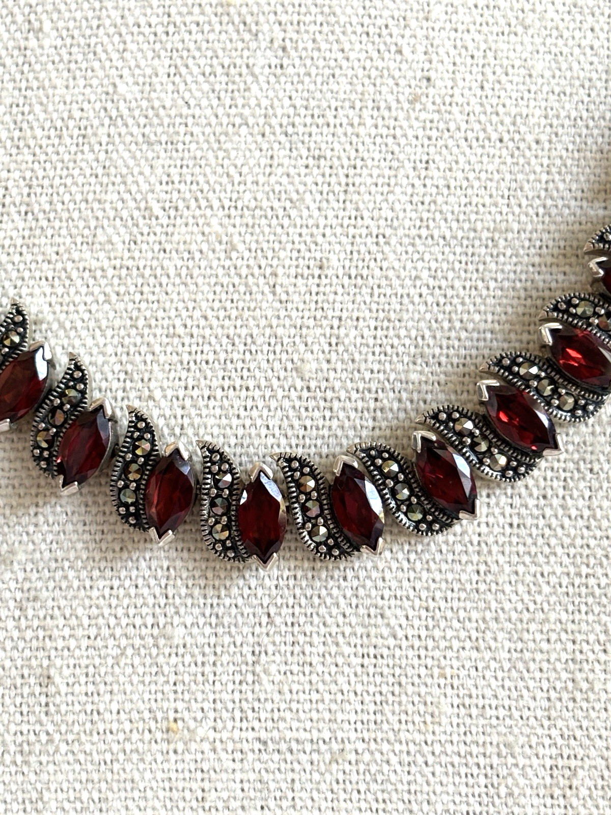 Vintage sterling silver garnet and Marcasites necklace 56 Marquise Cut Garnets
